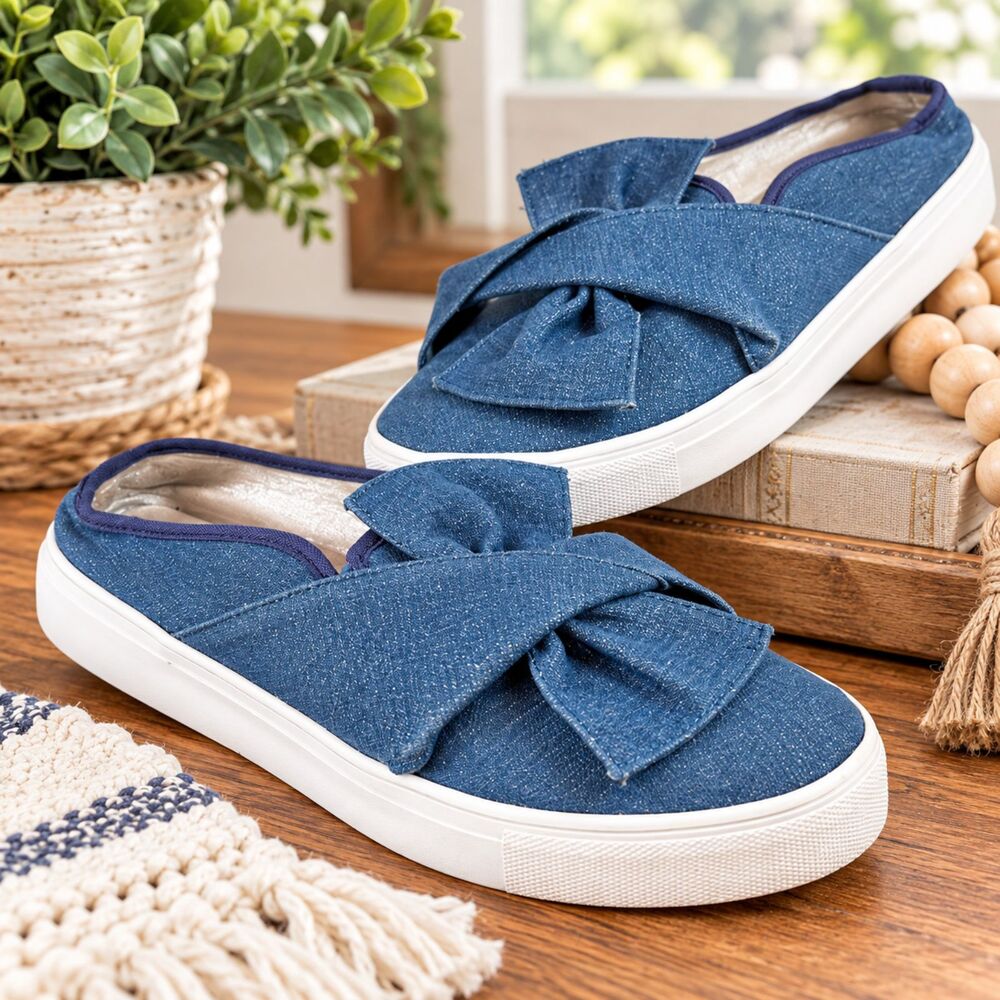J.Renee Charlsey Twisted Bow Denim Slip On Sneakers Womens Size 8 Preppy Casual